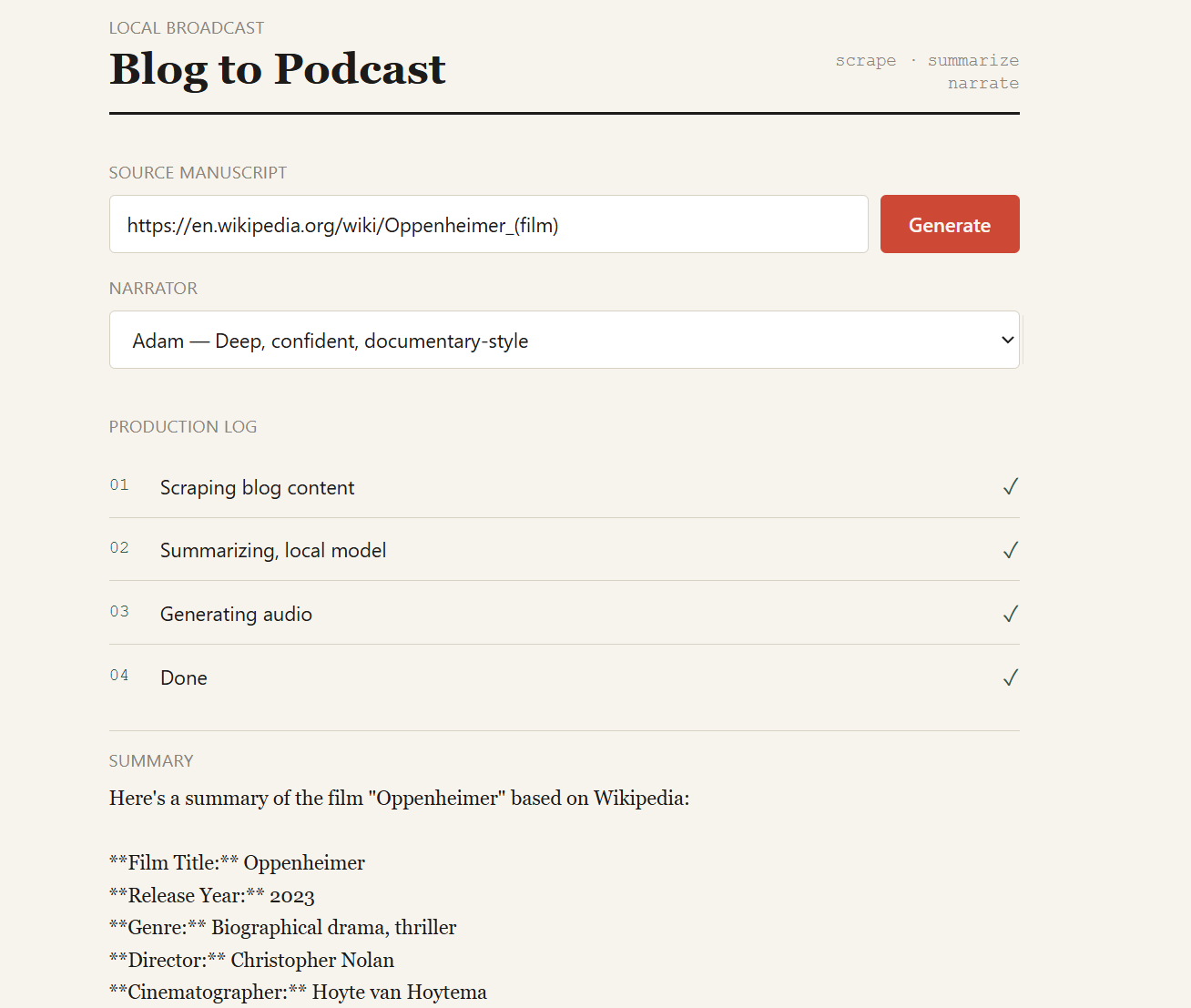 Screenshot of the Blog to Podcast Agent web application